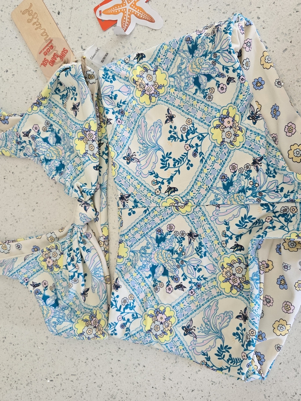 Printed Ruffle Strap Camisole - Cream & Blue 2 Piece